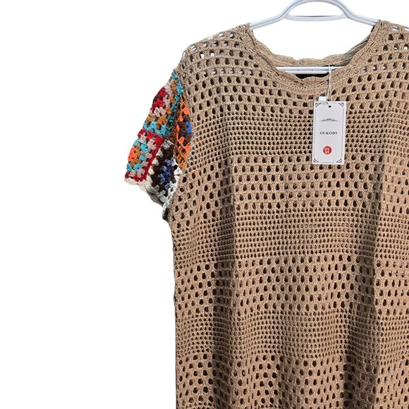 NWT | OUKODS Tan Crochet Swim Cover Up with Multi Color Granny Square Sleeves - Picture 3 of 6